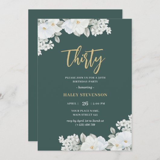 Dertig Smaragdgroene & Gouden Witte Bloemige Verja Kaart (Voorkant / Achterkant)