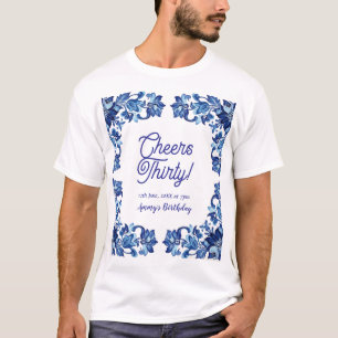 Dertig verjaardag koningsblauwe bloemenrand na t-shirt