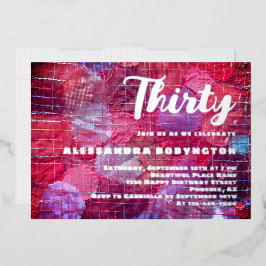 Dertig verjaardagsfeest roze rood paarse fel folie uitnodiging