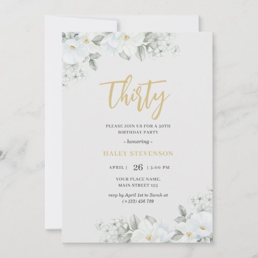 Dertig Wit & Goud Elegant Wit Bloemen Verjaardag Kaart (Voorkant)