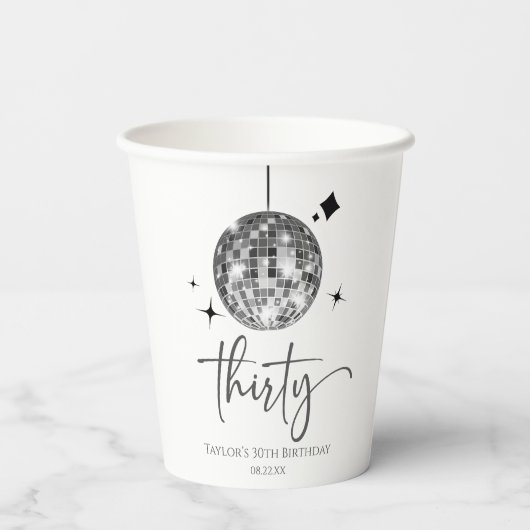 Dertig Zilveren Disco Bal 30e Verjaardagsfeestje Papieren Bekers (Achterkant)