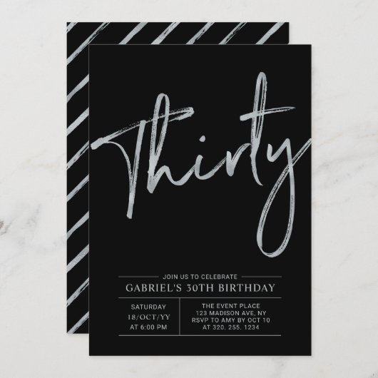 Dertig | Zilveren & Zwarte Moderne 30e verjaardag Kaart (Voorkant / Achterkant)
