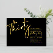 Dertig | Zwart Modern Goud 30ste Verjaardagsfeest Folie Uitnodiging (Staand Voorkant)