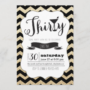 Dertig zwarte en gouden Chevron Birthday Invite Kaart
