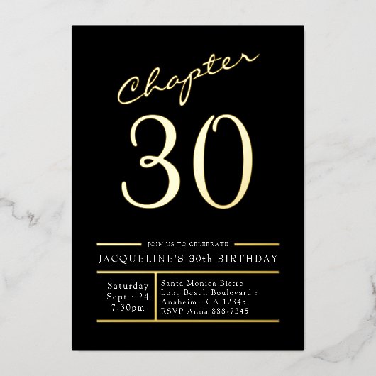 Dertig zwarte gouden 30e verjaardag van Gold Party Folie Uitnodiging (Voorkant)
