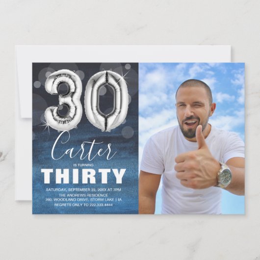 Dertigday Silver Balloon | Blauwe fotoparty Kaart (Voorkant)