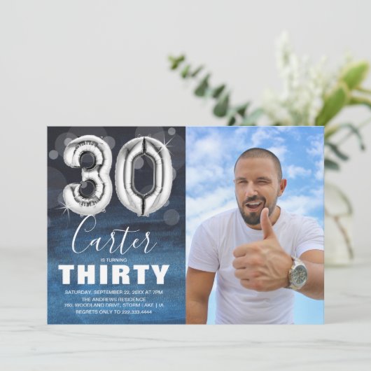 Dertigday Silver Balloon | Blauwe fotoparty Kaart (Staand voorkant)