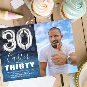 Dertigday Silver Balloon   Blauwe fotoparty Kaart