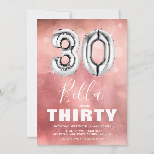 Dertigday Silver Balloon | Meisroze Partij Kaart (Voorkant)