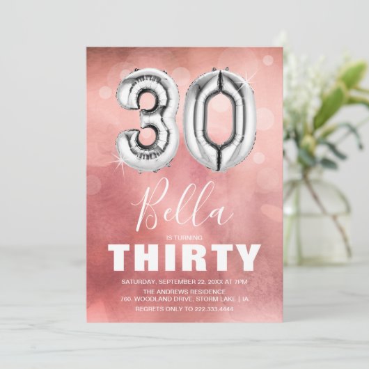 Dertigday Silver Balloon | Meisroze Partij Kaart (Staand voorkant)