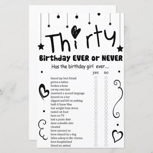 Dertigjarige verjaardag ooit of nooit spel (Voorkant / Achterkant)