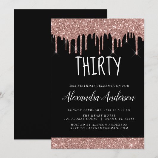Dertigste - 30ste Glitter Roos Goud Zwart Verjaard Kaart (Voorkant / Achterkant)