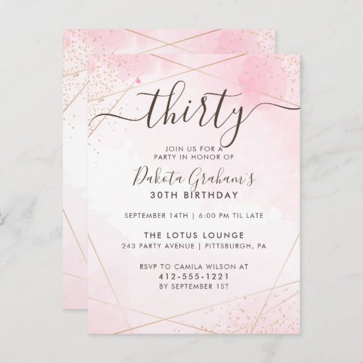 Dertigste Script Waterverf Roze Verjaardagsfeest Uitnodiging Briefkaart (Voorkant / Achterkant)