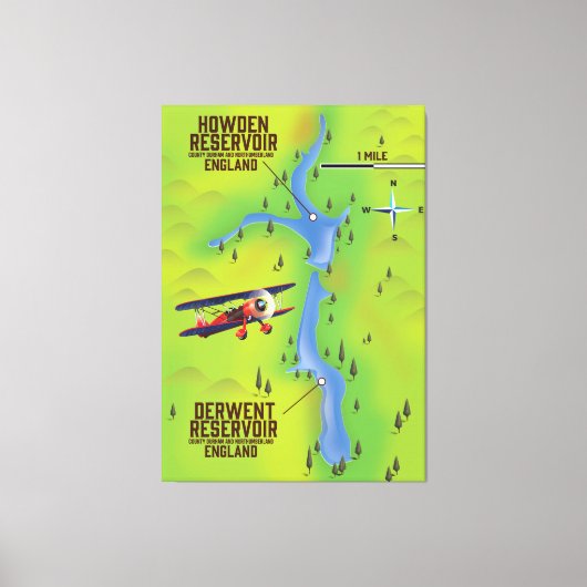 Derwent & Howden Reservoirs kaartposter Canvas Afdruk (Voorkant)