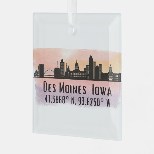 Des Moines IA City Skyline Lengte- en breedtegraad Glas Ornament (Voorkant links)