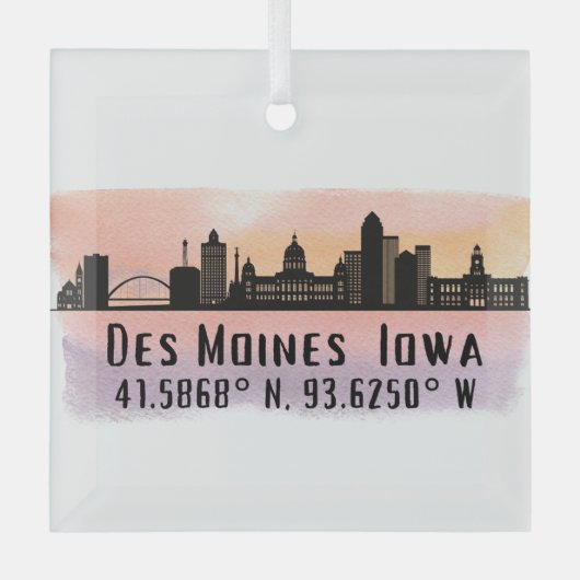 Des Moines IA City Skyline Lengte- en breedtegraad Glas Ornament (Voorkant)