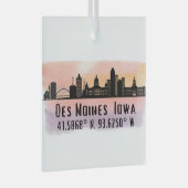 Des Moines IA City Skyline Lengte- en breedtegraad Glas Ornament (Voorkant Rechts)