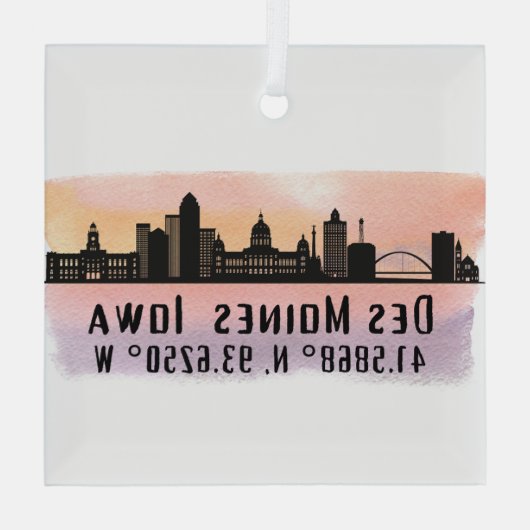 Des Moines IA City Skyline Lengte- en breedtegraad Glas Ornament (Achterkant)