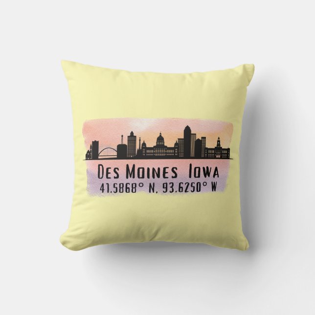 Des Moines IA City Skyline Lengte- en breedtegraad Kussen (Voorkant)