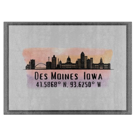 Des Moines IA City Skyline Lengte- en breedtegraad Snijplank (Voorkant)