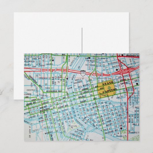 DES MOINES, IA Map Briefkaart (Voorkant / Achterkant)