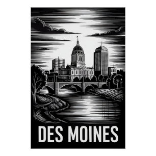 Des Moines Iowa Silhouette Zwart Wit Houtsnede Perfect Poster