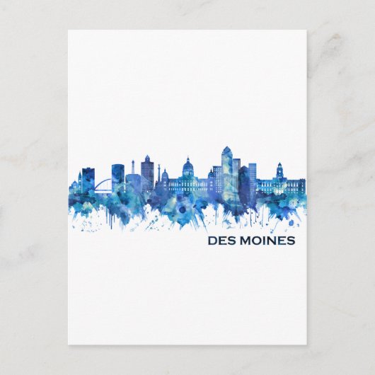 Des Moines Iowa Skyline Blue Feestdagenkaart (Voorkant)