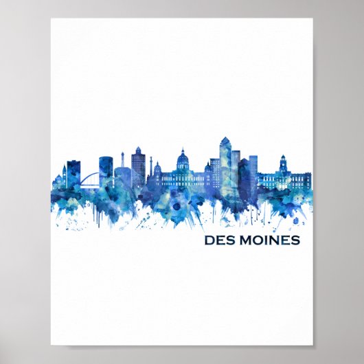 Des Moines Iowa Skyline Blue Poster (Voorkant)