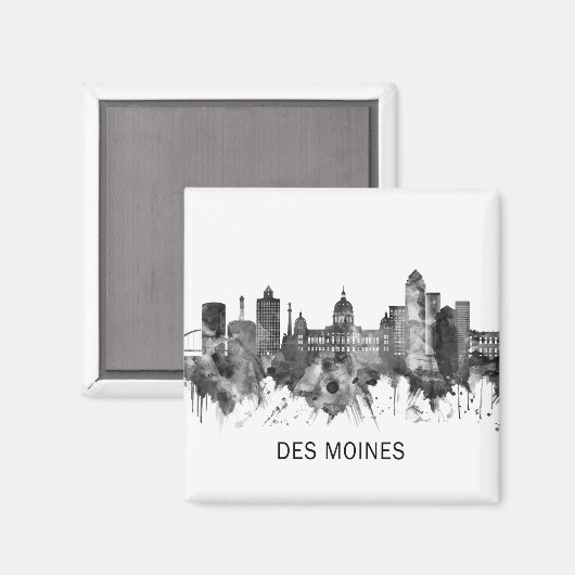 Des Moines Iowa Skyline BW Magneet (Voorkant / Achterkant)