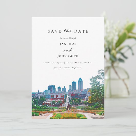 Des Moines Skyline vlak Save the Date Kaart (Staand voorkant)
