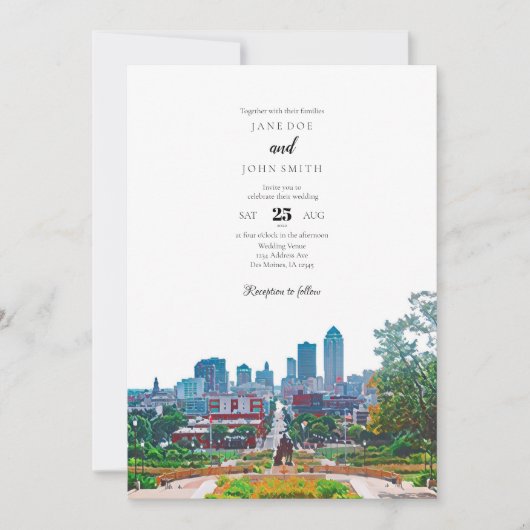Des Moines Skyline Wedding Invitation Kaart (Voorkant)