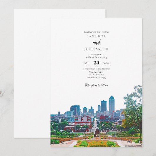 Des Moines Skyline Wedding Invitation Kaart (Voorkant / Achterkant)