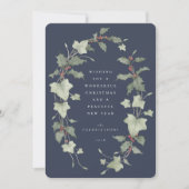 Desaturated Blue Watercolor Holly & Ivy Feestdagenkaart (Voorkant)