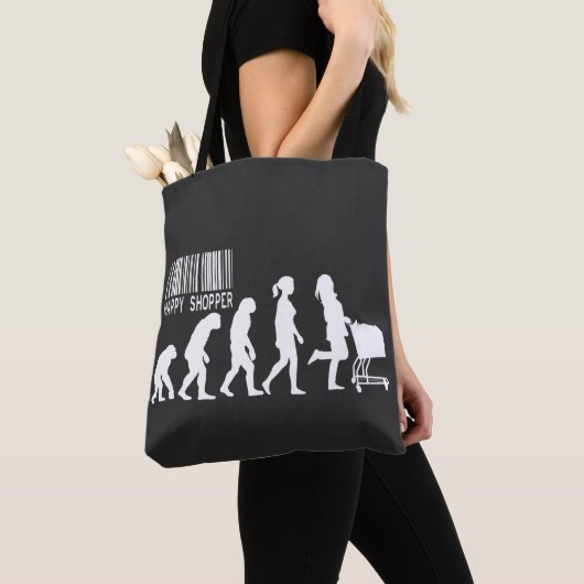 Descent of Woman Happy Shopper Evolution parody Tote Bag (Dichtbij)