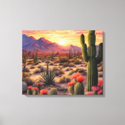 Desert Blooming Cactus Kleurrijke Sunrise Art Canvas Afdruk (Voorkant)