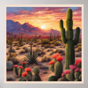 Desert Blooming Cactus Kleurrijke Sunrise Art Poster
