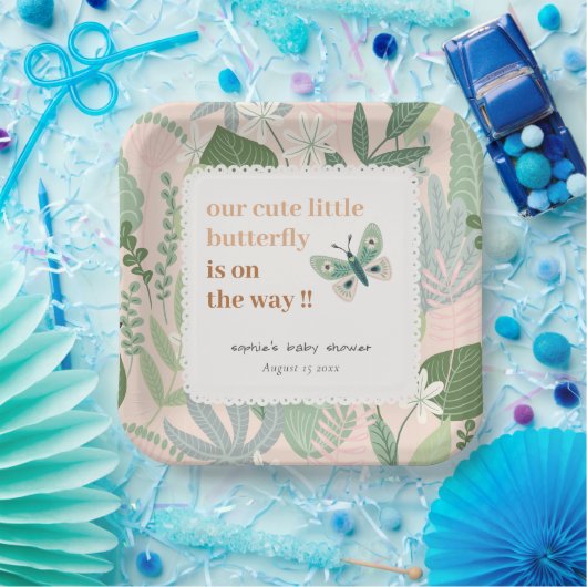 Desert Blush Retro Butterfly Garden Baby shower Papieren Bordje (Feest)