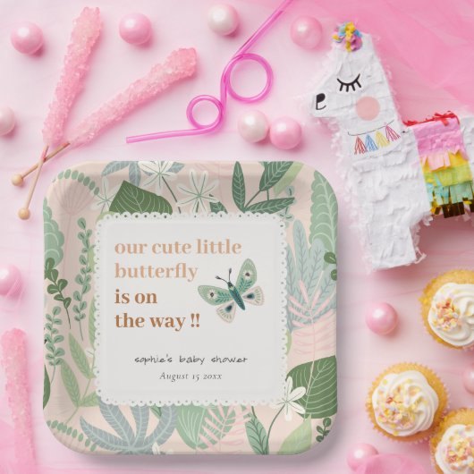 Desert Blush Retro Butterfly Garden Baby shower Papieren Bordje (Feest)