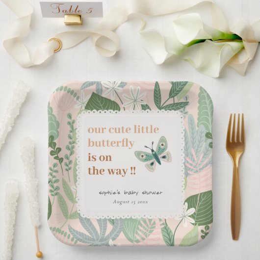Desert Blush Retro Butterfly Garden Baby shower Papieren Bordje (Huwelijk)