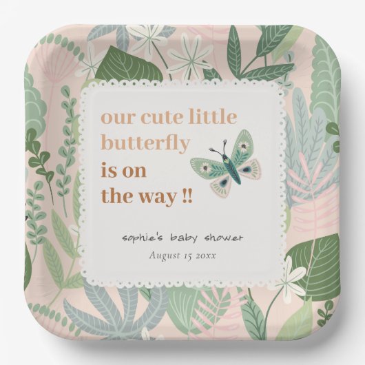 Desert Blush Retro Butterfly Garden Baby shower Papieren Bordje (Voorkant)