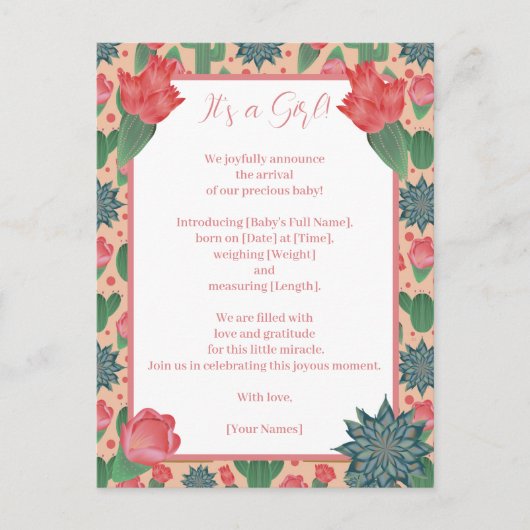 Desert Blush Roze Meisje Aankondigingskaart (Voorkant)