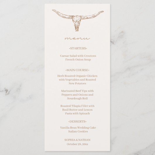 Desert Boho Cow Skull Wedding Menu Card (Voorkant)