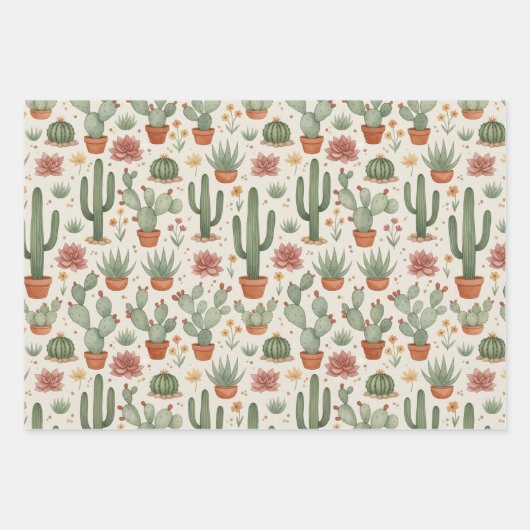 Desert Cacti Succulent Seamless Pattern Inpakpapier Vel (Voorkant 2)