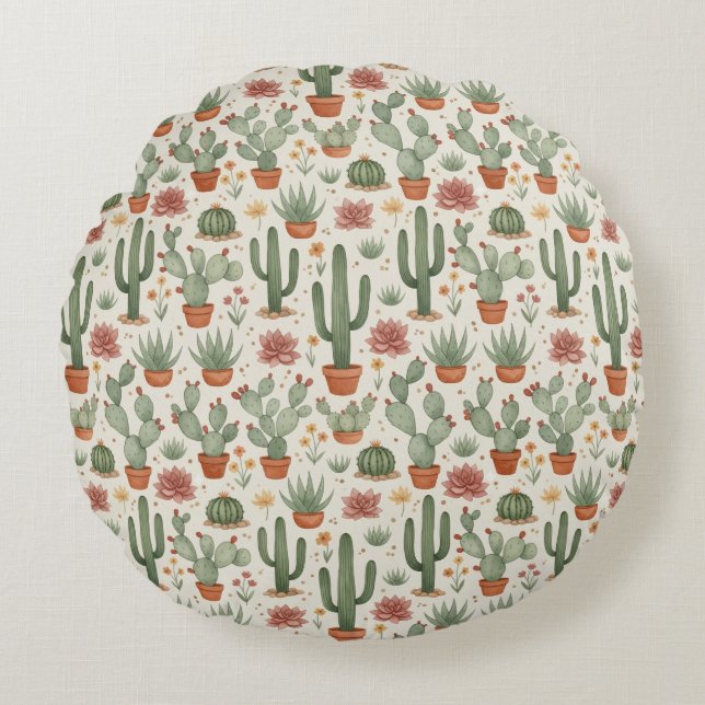 Desert Cacti Succulent Seamless Pattern Rond Kussen (Voorkant)