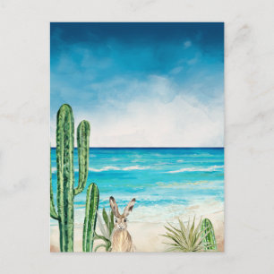 Desert Cactus Beach Seascape Waterverf Rabbit Briefkaart