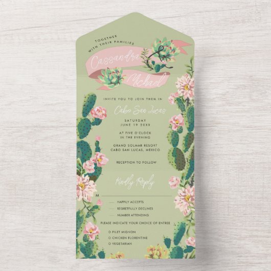 Desert Cactus Bloom All in One Wedding Invite All In One Uitnodiging (Binnen)