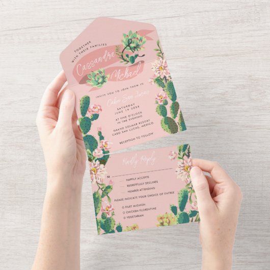 Desert Cactus Bloom All in One Wedding Invite Uitnodiging (Afscheurbaar)