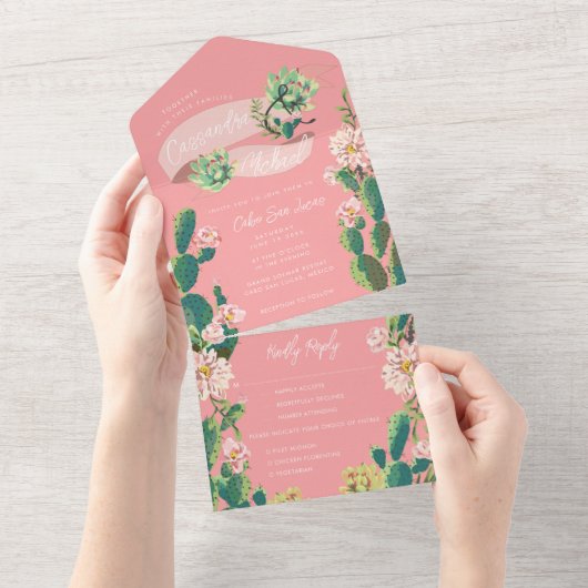 Desert Cactus Bloom All in One Wedding Invite Uitnodiging (Afscheurbaar)