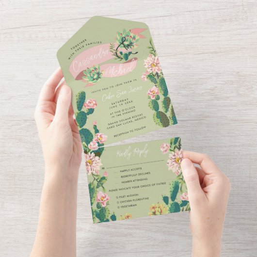 Desert Cactus Bloom All in One Wedding Invite Uitnodiging (Afscheurbaar)