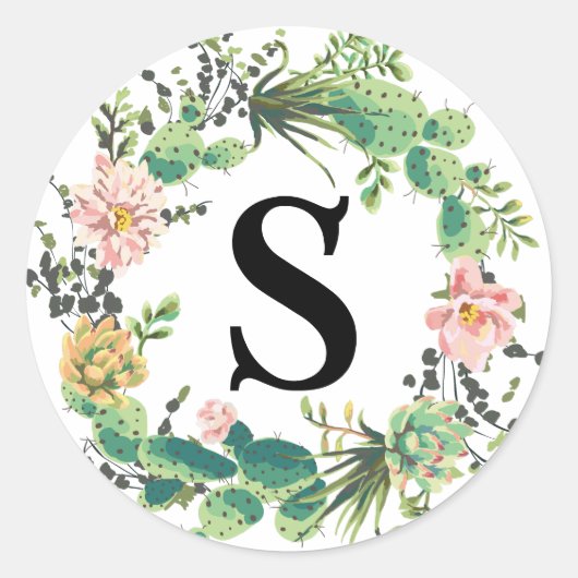 Desert Cactus Bloom Monogram Ronde Sticker (Voorkant)